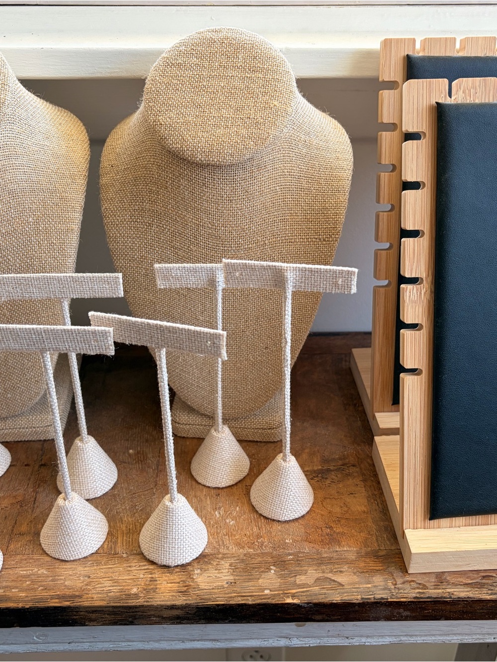 Neutral Linen Jewelry Display Set - Beige Necklace & Earring Stands